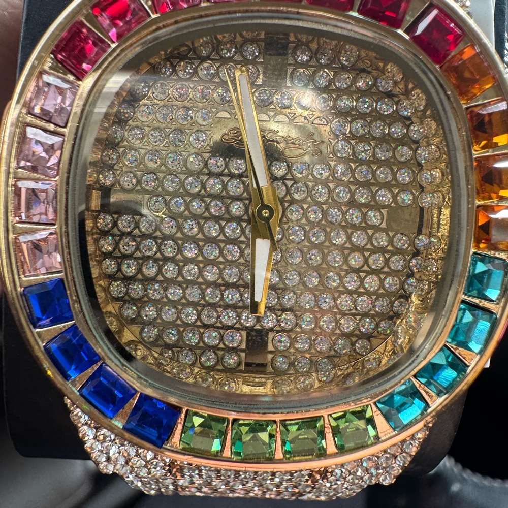 Ed Hardy Gold and Red Watch with Colorful Bezel and Sparkling Crystals